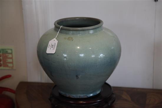 A Chinese numbered Jun type high shouldered jar, 18th century or earlier, height 26cm, diameter 30cm, faults